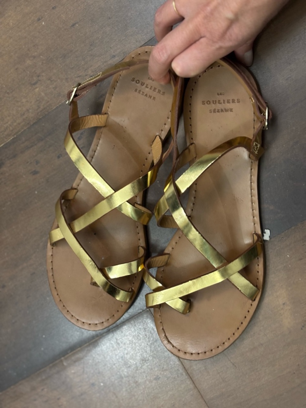 Sezane Metallic Gold Strappy Leather Sandals